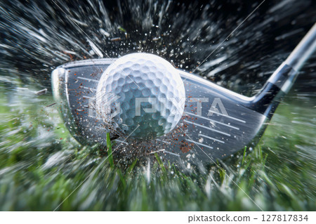 高爾夫球與高爾夫球桿撞擊的瞬間 高爾夫球與高爾夫球桿撞擊的瞬間 127817834