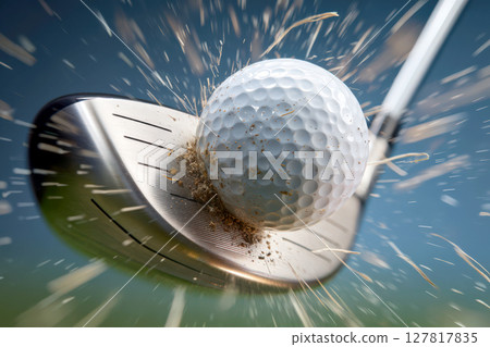 Golf ball at the moment of impact with golf driver 127817835