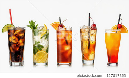 Five different refreshing beverages are arranged in clear glasses. Each drink features ice and garnishes like mint, citrus slices, and cherries, perfect for a summer event. 127817863