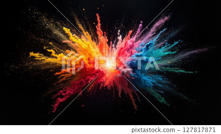 A vivid eruption of colored powder fills the air with hues of pink, orange, blue, and yellow, creating a dynamic and visually captivating spectacle that draws the eye. 127817871