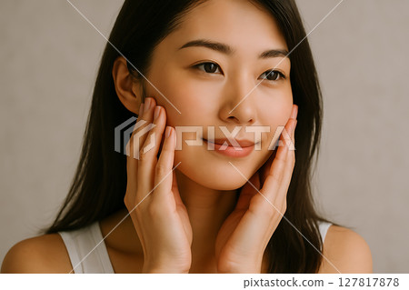 Beautiful woman's skin care gently touching both sides of the face 127817878