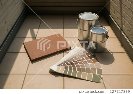 Paint cans and color charts ready for form preparation Paint cans and color charts ready for form preparation 127817889