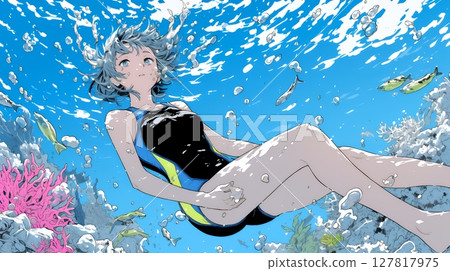 年輕女子在海中游泳 127817975