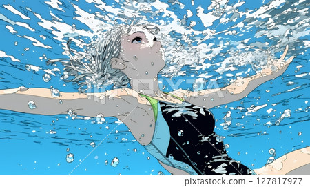 年輕女子在海中游泳 127817977
