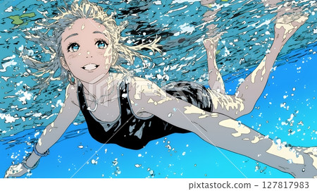 年輕女子在海中游泳 127817983