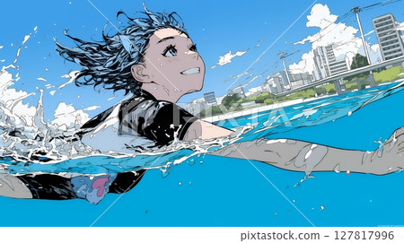 Young woman swimming in the sea Young woman swimming in the sea 127817996