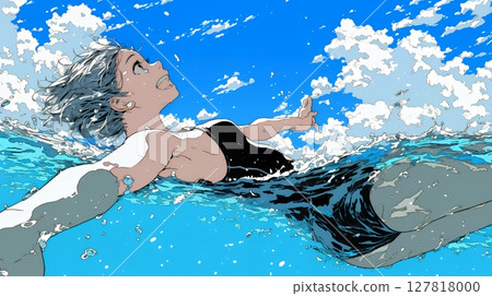 年輕女子在海中游泳 127818000