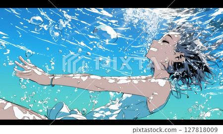 年輕女子在海中游泳 127818009