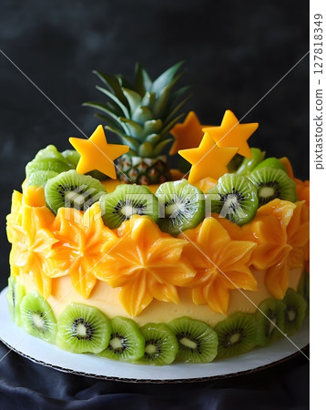 A_tropical_fruit_cake_topped_with_glowing_mango 127818349