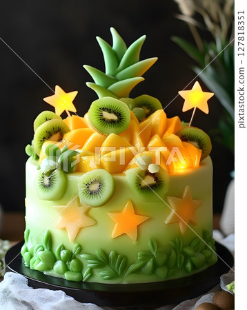 A_tropical_fruit_cake_topped_with_glowing_mango 127818351