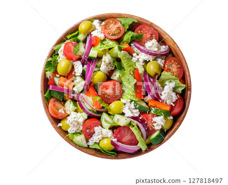 Plate of fresh salad with vegetables, feta cheese and olives isolated on white background 127818497