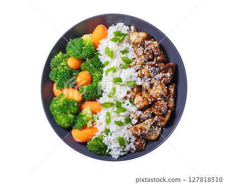 plate of teriyaki chicken, rice and broccoli isolated on white background plate of teriyaki chicken, rice and broccoli isolated on white background 127818510