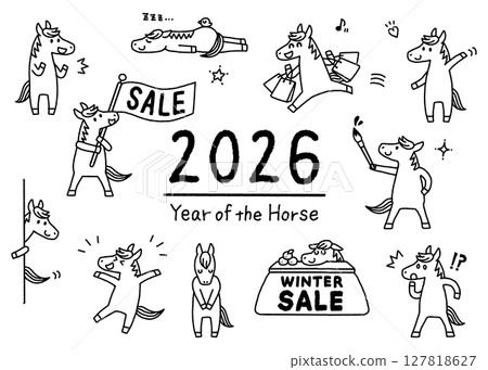 2026, Reiwa 8, Year of the Horse, New Year's greeting, Horse character, monochrome illustration set, for winter and promotional use 2026, Reiwa 8, Year of the Horse, New Year's greeting, Horse character, monochrome illustration set, for winter and promotional use 127818627
