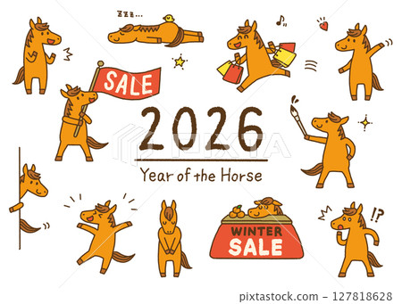 2026令和8年馬年新年馬人物插圖套裝冬季/促銷 127818628