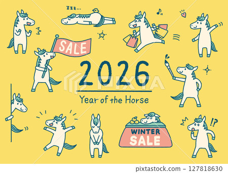 2026 Reiwa 8 Year of the Horse New Year Horse Character Pastel Illustration Set Winter/Promotional 127818630