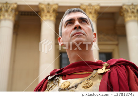 Roman general in Traditional Attire Stands Proudly Before Historic Columns in a Public Square During the Day Roman general in Traditional Attire Stands Proudly Before Historic Columns in a Public Square During the Day 127818742