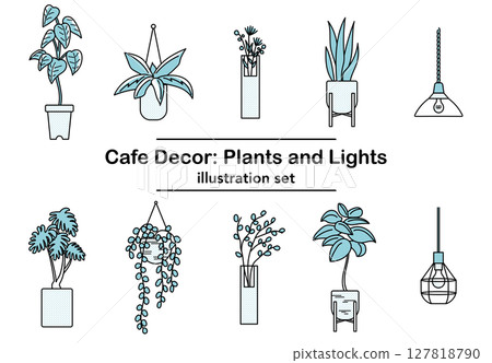 插畫素材：以藍色為基調的盆栽和燈光佈置的咖啡廳風格室內裝飾 127818790
