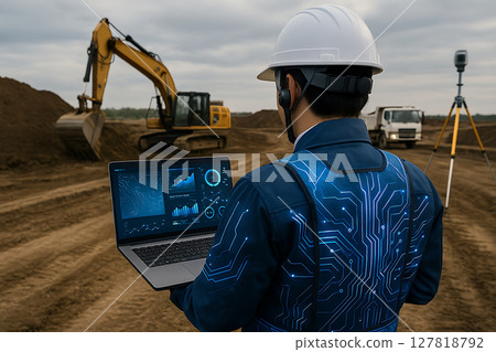 Workers and heavy machinery using ICT to survey a construction site Workers and heavy machinery using ICT to survey a construction site 127818792
