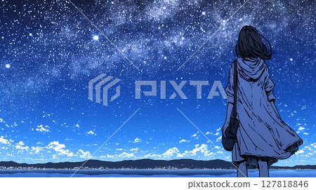 Young woman gazing at the starry sky Young woman gazing at the starry sky 127818846