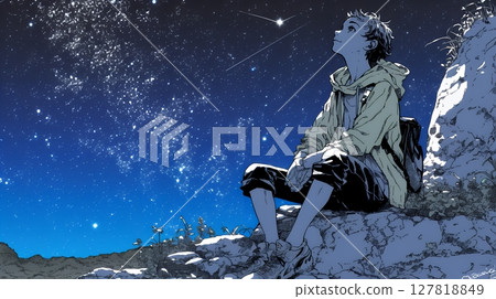 Young woman gazing at the starry sky Young woman gazing at the starry sky 127818849