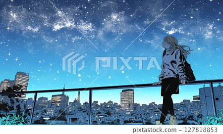 Young woman gazing at the starry sky Young woman gazing at the starry sky 127818853