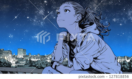 Young woman gazing at the starry sky 127818856