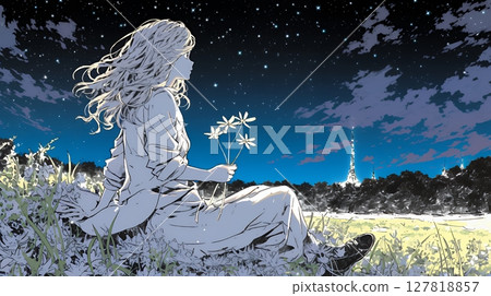Young woman gazing at the starry sky 127818857