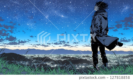 Young woman gazing at the starry sky Young woman gazing at the starry sky 127818858