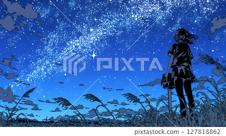 Young woman gazing at the starry sky Young woman gazing at the starry sky 127818862