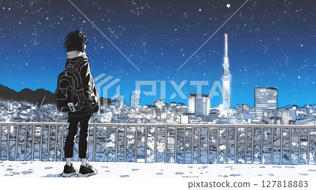 Young woman gazing at the starry sky 127818883