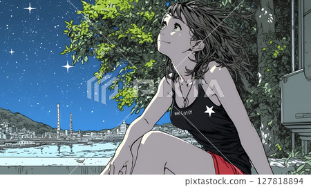Young woman gazing at the starry sky 127818894