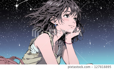 Young woman gazing at the starry sky 127818895