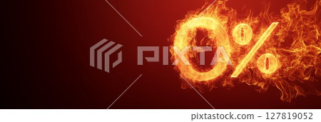 Fiery zero percent symbol representing burning interest rates, signifying changes in financial markets, investment strategies, or cryptocurrency trends 127819052