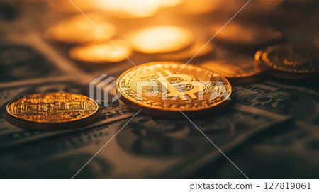 Several shiny golden bitcoin cryptocurrency coins are placed on top of dollar bills. Representing the intersection of traditional finance and digital currency investment under a warm. Inviting light 127819061