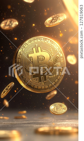 Golden bitcoin coins are rotating and falling on a dark background illuminated by golden sparks, representing the dynamic and exciting world of cryptocurrency investment 127819063