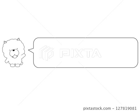 微笑的鬆獅犬舉起了手，嘴裡還帶著對話泡泡 127819081