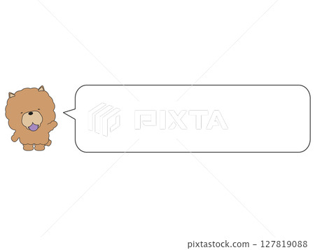 微笑的鬆獅犬舉起了手，嘴裡還帶著對話泡泡 127819088