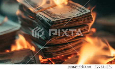 Thick stack of dollar bills is engulfed in bright orange flames, burning on a dark surface, representing financial crisis, loss, and economic downturn 127819089