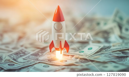 Miniature rocket launching from dollar bills representing successful investment, financial growth, and the potential for high returns in the stock market or cryptocurrency trading 127819090