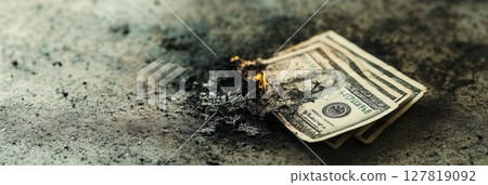 Dollar bills burning on ashes represent economic crisis, inflation and recession, depicting financial loss and investment risk 127819092