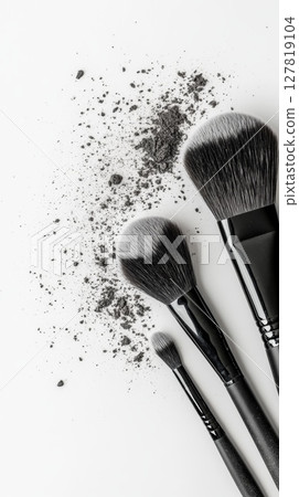 Professional makeup brushes are lying on a white surface with scattered dark eyeshadow, creating a stylish and elegant flat lay composition for beauty and cosmetics concepts 127819104