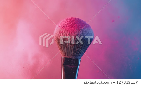 Makeup brush spreading pink powder on gradient background creating a vibrant and colorful cloud of beauty product, ideal for cosmetics, fashion, or makeup artistry themes Makeup brush spreading pink powder on gradient background creating a vibrant and colorful cloud of beauty product, ideal for cosmetics, fashion, or makeup artistry themes 127819117