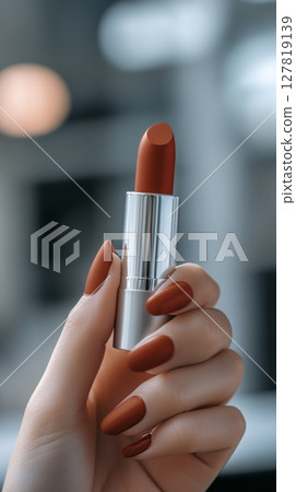 Woman's hand with perfect trendy orange nail polish is holding an orange lipstick matching the nail polish color, creating a stylish and fashionable look 127819139