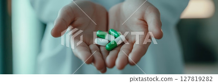 Doctor or nurse is holding green and white pills and capsules in their open hands, suggesting medical treatment, healthcare, and pharmaceutical concepts 127819282