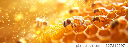 Honey bees are working on a honeycomb, creating golden honey and propolis with pollen in a bright golden light, showcasing the magic of nature and the importance of bees in the ecosystem 127819297