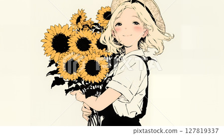 Sunflowers and women (simple colors) 127819337