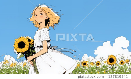 Sunflowers and women (simple colors) 127819341