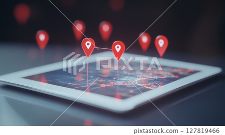 Red location pins mark points on a digital map displayed on a tablet, indicating a tracked route, symbolizing gps navigation, location services, and travel planning 127819466