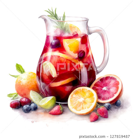 [Watercolor AI-generated image] Sangria Fruit Citrus Berries Non-alcoholic Drink White background 127819487