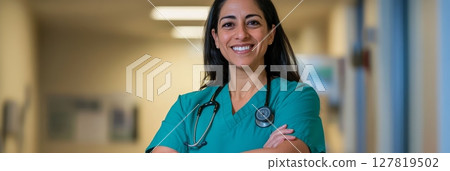 Portrait featuring a smiling hispanic female doctor, confidently wearing a stethoscope and teal scrubs, with arms crossed while standing in a busy hospital corridor 127819502
